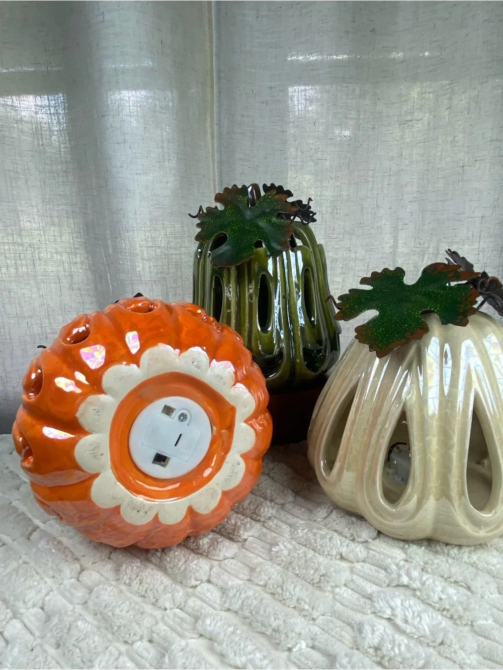 Vintage Iridescent Ceramic Pumpkin Luminary Set 3 Light Up Fall